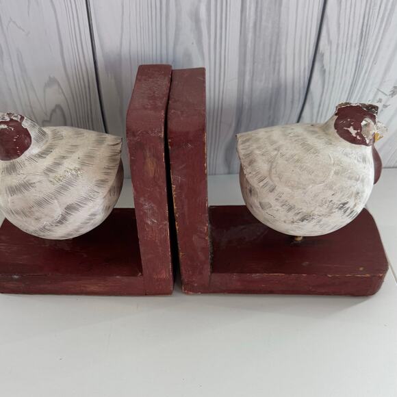 Chicken Bookends, Hand Carved Painted Wood - Bead and Tail - Picture 2 of 9